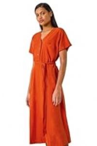 Roman Originals Swing Tea Dress Women UK Ladies Skater Midi A Line Fit & Flare Summer Casual Smart Spring Cocktail Party Going Out Work Cruise Button Through Long Pocket - Orange Linen - Size 14