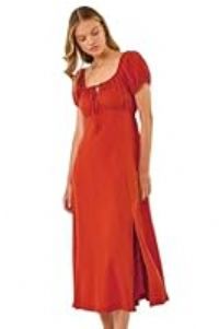 Roman Originals Puff Sleeve Linen Mix Midi Dress for Women UK - Ladies Everyday Holiday Spring Summer Square Neckline Comfy Soft Evening Vacation Work Party - Orange - Size 20