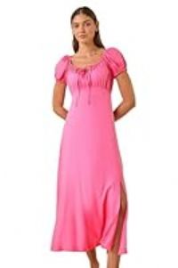 Roman Originals Puff Sleeve Linen Mix Midi Dress for Women UK - Ladies Everyday Holiday Spring Summer Square Neckline Comfy Soft Evening Vacation Work Party - Pink - Size 12