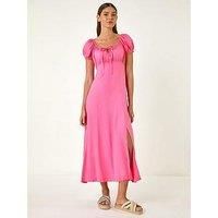 Roman Originals Puff Sleeve Linen Mix Midi Dress for Women UK - Ladies Everyday Holiday Spring Summer Square Neckline Comfy Soft Evening Vacation Work Party - Pink - Size 18