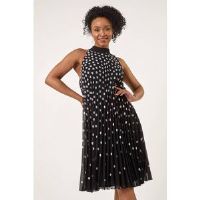 Roman Petite Spot Print Halter Pleat Dress 12 female