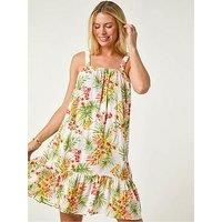 Roman Petite Frill Hem Strappy Dress for Women UK - Ladies Spring Everyday Summer Holiday Square Neckline Comfy Sleeveless Soft Knee Length Frock Office Business Gowns - Ivory - Size 12