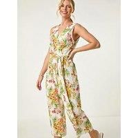 Roman Petite Leaf Border Print Jumpsuit for Women UK - Ladies Everyday Holiday Spring Summer V-Neckline Comfy Soft Evening Vacation Work Party - Petite Ivory - Size 18