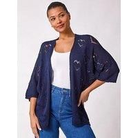 Roman Originals Pointelle Heart Knit Cardigan for Women UK - Ladies Everyday Holiday Spring Summer Comfy Soft Evening Vacation Work Party - Navy - Size L