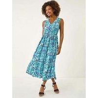 Roman Paisley Print Shirred Maxi Dress 20 female