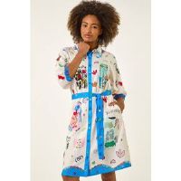 Roman Motif Print Tie Waist Shirt Dress 18 female