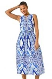 Roman Women Halterneck Midi Dress - Ladies Halter Neckline Maxi Spring Everyday Summer Holiday Sleeveless Soft Tie Waist Detail Keyhole Neck Gown Vacation Frocks - Blue Abstract - Size 14