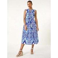 Roman Women Halterneck Midi Dress - Ladies Halter Neckline Maxi Spring Everyday Summer Holiday Sleeveless Soft Tie Waist Detail Keyhole Neck Gown Vacation Frocks - Blue Abstract - Size 12