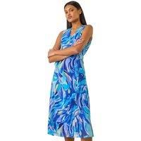 Roman Floral Print Wrap Chiffon Midi Dress for Women UK - Ladies Spring Everyday Summer Holiday V-Neckline Comfy Sleeveless Soft Tie Waist Frock Dinner Date Gowns - Blue - Size 16