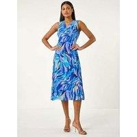 Roman Floral Print Wrap Chiffon Midi Dress for Women UK - Ladies Spring Everyday Summer Holiday V-Neckline Comfy Sleeveless Soft Tie Waist Frock Dinner Date Gowns - Blue - Size 14