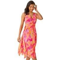 Roman Floral Print Wrap Chiffon Midi Dress for Women UK - Ladies Spring Everyday Summer Holiday V-Neckline Comfy Sleeveless Soft Tie Waist Frock Dinner Date Gowns - Pink - Size 20