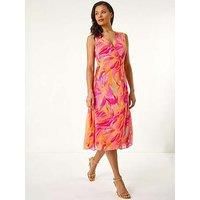 Roman Floral Print Wrap Chiffon Midi Dress for Women UK - Ladies Spring Everyday Summer Holiday V-Neckline Comfy Sleeveless Soft Tie Waist Frock Dinner Date Gowns - Pink - Size 14