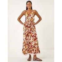 Roman Metallic Leaf Print Shirred Maxi Dress for Women UK - Ladies Spring Everyday Summer Holiday V-Neckline Comfy Sleeveless Soft Fit & Flare Frock Vacation Beach Gowns - Rust - Size 20