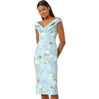 Roman Originals Off The Shoulder Floral Dress for Women UK - Ladies Everyday Holiday Spring Summer V-Neckline Comfy Soft Evening Vacation Work Party - Blue - Size 20