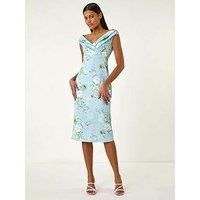 Roman Originals Off The Shoulder Floral Dress for Women UK - Ladies Everyday Holiday Spring Summer V-Neckline Comfy Soft Evening Vacation Work Party - Blue - Size 12