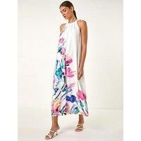 Roman Abstract Floral Pleat Detail Trapeze Dress for Women UK - Ladies Spring Everyday Summer Holiday Round Neckline Comfy Sleeveless Soft Midi Length Frock Vacation Gowns - Pink - Size 20