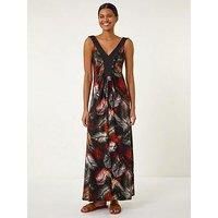 Roman Originals Women Floral Contrast Band Maxi Dress - Ladies Summer Holiday Evening Dinner Everyday Daywear Casual Stretch Jersey Sleeveless V Neck Floor Length Dress - Rust - Size 10
