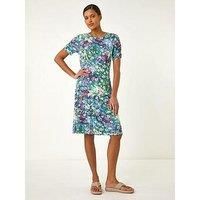 Roman Ditsy Floral Print Stretch Short Dress - Green