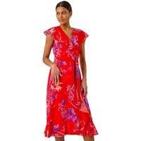 Roman Floral Print Ruffle Wrap Front Midi Dress 14 female