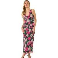 Roman Floral Cowl Neck Midi Dress for Women UK - Ladies Spring Everyday Summer Holiday Sleeveless Soft Bodycon Comfy Fitted Frock Dinner Date Gowns - Black - Size 16