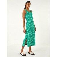 Roman Cotton Speckled Print Midi Dress for Women UK - Ladies Spring Everyday Summer Holiday Square Neckline Comfy Sleeveless Soft Jersey Frock Day Out Gowns - Green - Size 18