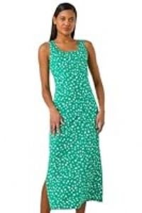 Roman Cotton Speckled Print Midi Dress for Women UK - Ladies Spring Everyday Summer Holiday Square Neckline Comfy Sleeveless Soft Jersey Frock Day Out Gowns - Green - Size 14