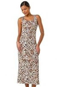 Roman Cotton Speckled Print Midi Dress for Women UK - Ladies Spring Everyday Summer Holiday Square Neckline Comfy Sleeveless Soft Jersey Frock Day Out Gowns - Tan - Size 18