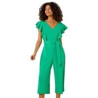 Dusk Green Frill Crepe Belted Jumpsuit - Size 16 16 female