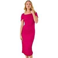 Dusk Fashion Ruched Mesh Stretch Dress for Women UK - Ladies Everyday Holiday Spring Summer Square Neckline Comfy Soft Evening Vacation Work Party Knee Length - Pink - Size 8