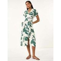 Roman Leaf Print Belted Shirt Midi Dress 10 female