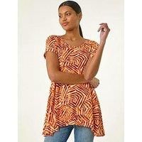Roman Originals Hanky Hem Tunic Top for Women UK - Ladies Longline Blouse Asymmetric Hemline Short Sleeves Casual Slouch Loose Summer Spring Relaxed Comfortable - Orange - Size 14