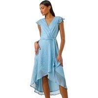 Roman Originals Shimmer Plisse Wrap Dress for Women UK - Ladies Everyday Holiday Spring Summer V-Neckline Comfy Soft Evening Vacation Work Party - Blue - Size 16