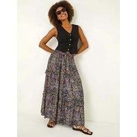 Roman Originals Gypsy Maxi Skirt for Women UK Ladies Tiered Bohemian Long Ankle Length Cotton Elasticated Waistband High Waist Monochrome Lounge Lightweight Holiday - Black Abstract - Size 18