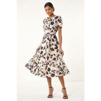 Roman Floral Print Pleat Neck Midi Dress 10 female