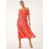 Roman Floral Bardot Midi Dress 14 female