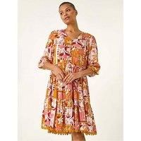 Roman Originals Smock Dress for Women UK Ladies Cotton Summer Embroidered Frilled Tiered Casual Beach Cruise Holiday Cocktail Party 3/4 Sleeve Pull On Gathered Skirt - Amber - Size 10