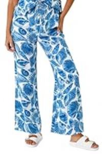 Dusk Fashion Shell Print Wide Leg Trouser for Women UK - Ladies Everyday Holiday Spring Summer Comfy Soft Evening Vacation Work Party - Blue - Size 8