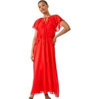 Roman Originals Frill Tie Neck Maxi Dress for Women UK - Ladies Everyday Holiday Spring Summer V-Neckline Comfy Soft Evening Vacation Work Party - Red - Size 18
