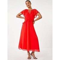 Roman Originals Frill Tie Neck Maxi Dress for Women UK - Ladies Everyday Holiday Spring Summer V-Neckline Comfy Soft Evening Vacation Work Party - Red - Size 16