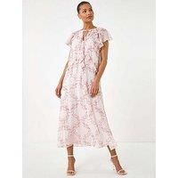 Roman Originals Frill Tie Neck Maxi Dress for Women UK - Ladies Everyday Holiday Spring Summer V-Neckline Comfy Soft Evening Vacation Work Party - Light Pink - Size 16