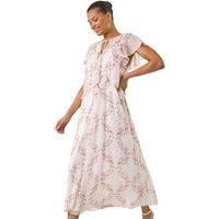 Roman Originals Frill Tie Neck Maxi Dress for Women UK - Ladies Everyday Holiday Spring Summer V-Neckline Comfy Soft Evening Vacation Work Party - Light Pink - Size 14