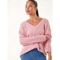 Roman Petite V-Neck Knit Jumper for Women UK - Ladies Everyday Autumn Winter Round Neckline Comfy Soft Evening Vacation Work Party Night Out - Petite Light Pink - Size 18