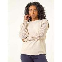 Roman Women's Petite Knit Jacquard Sleeve Jumper in Ivory | Size: 12