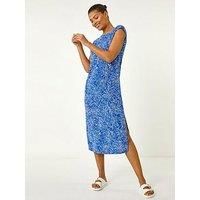 Roman Originals Abstract Print A-Line Midi Dress for Women UK - Ladies Everyday Holiday Spring Summer Round Neckline Comfy Soft Evening Vacation Work Party - Royal Blue - Size 16