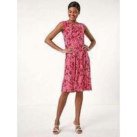 Roman Originals Ditsy Floral Keyhole Twist Dress for Women UK - Ladies Everyday Holiday Spring Summer Round Neckline Comfy Soft Evening Vacation Work Party - Coral - Size 18