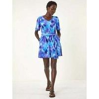 Roman Originals Graphic Print Belted Wrap Playsuit for Women UK - Ladies Everyday Holiday Spring Summer V Neckline Comfy Soft Evening Vacation Work Party - Purple - Size 16