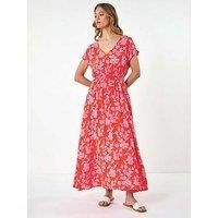 Roman Originals Shirred Waist Dress for Women UK Ladies Midi Maxi Summer Spring Tiered Frill Hem Empire Waist Short Sleeve V Neck Gathered Skirt Bohemian Holiday - Orange - Size 14