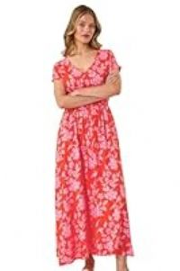 Roman Originals Shirred Waist Dress for Women UK Ladies Midi Maxi Summer Spring Tiered Frill Hem Empire Waist Short Sleeve V Neck Gathered Skirt Bohemian Holiday - Orange - Size 10