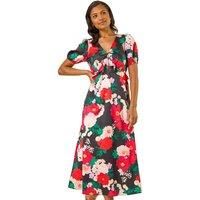 Puff Sleeve Floral Satin Midi Dress
