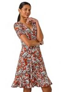 Roman Originals Wrap Tea Dress for Women UK Ladies Fit Flare Skater Swing Stretch Frill Long Sleeve Summer Evening Cocktail Party Work Office Casual Knee Length Midi - Floral Rust - Size 20